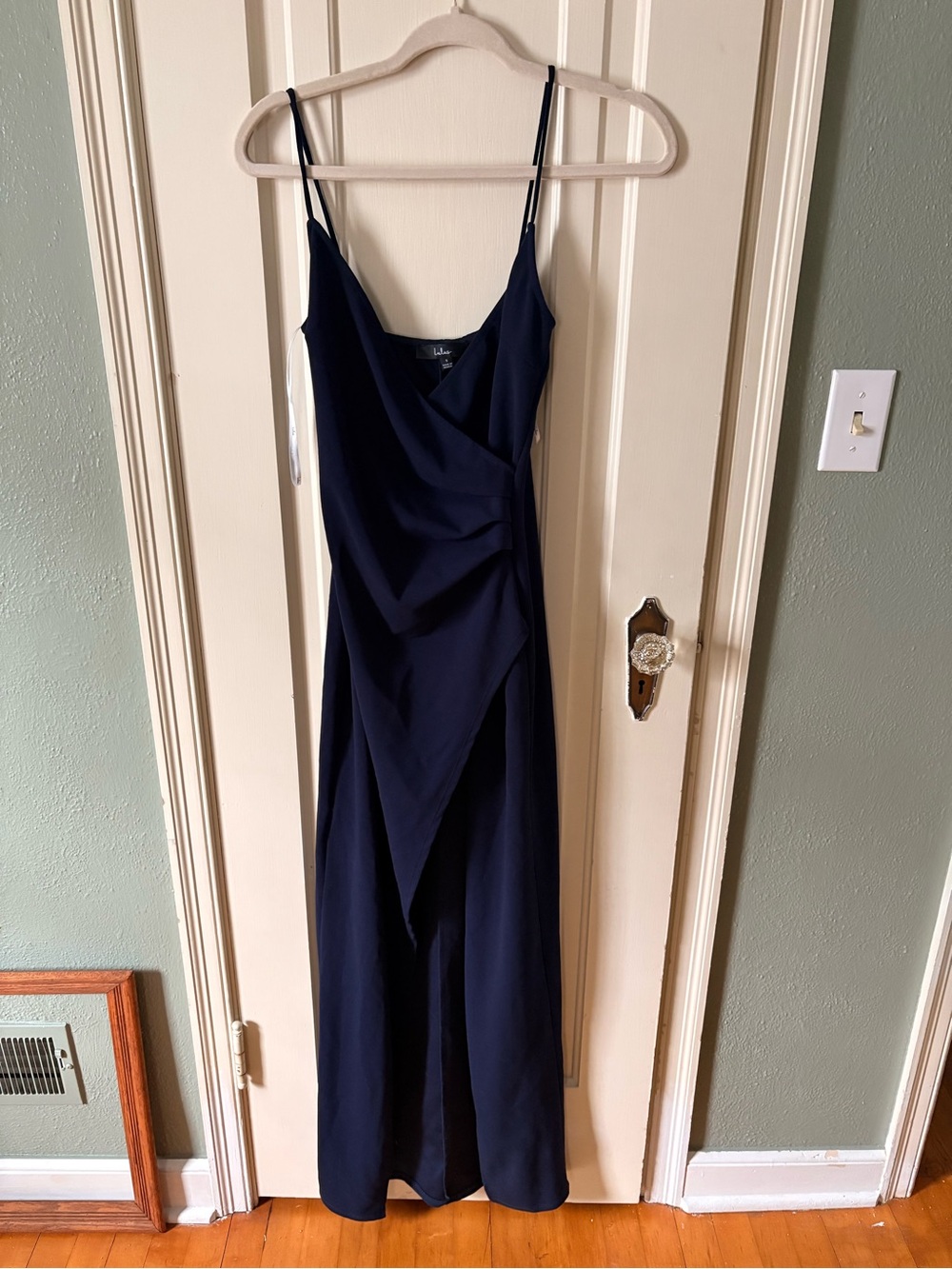 Lulus Navy Wrap-Front Bridesmaid Dress with Spaghetti Straps